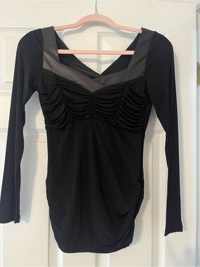 bebe Black Long Sleeve Ruched V-Neck Top